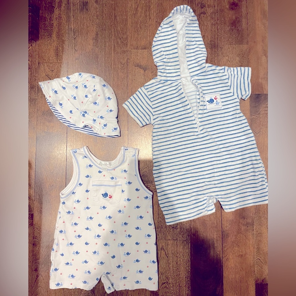 Kissy kissy 3 pc whale set w terry romper, play suit and sun hat